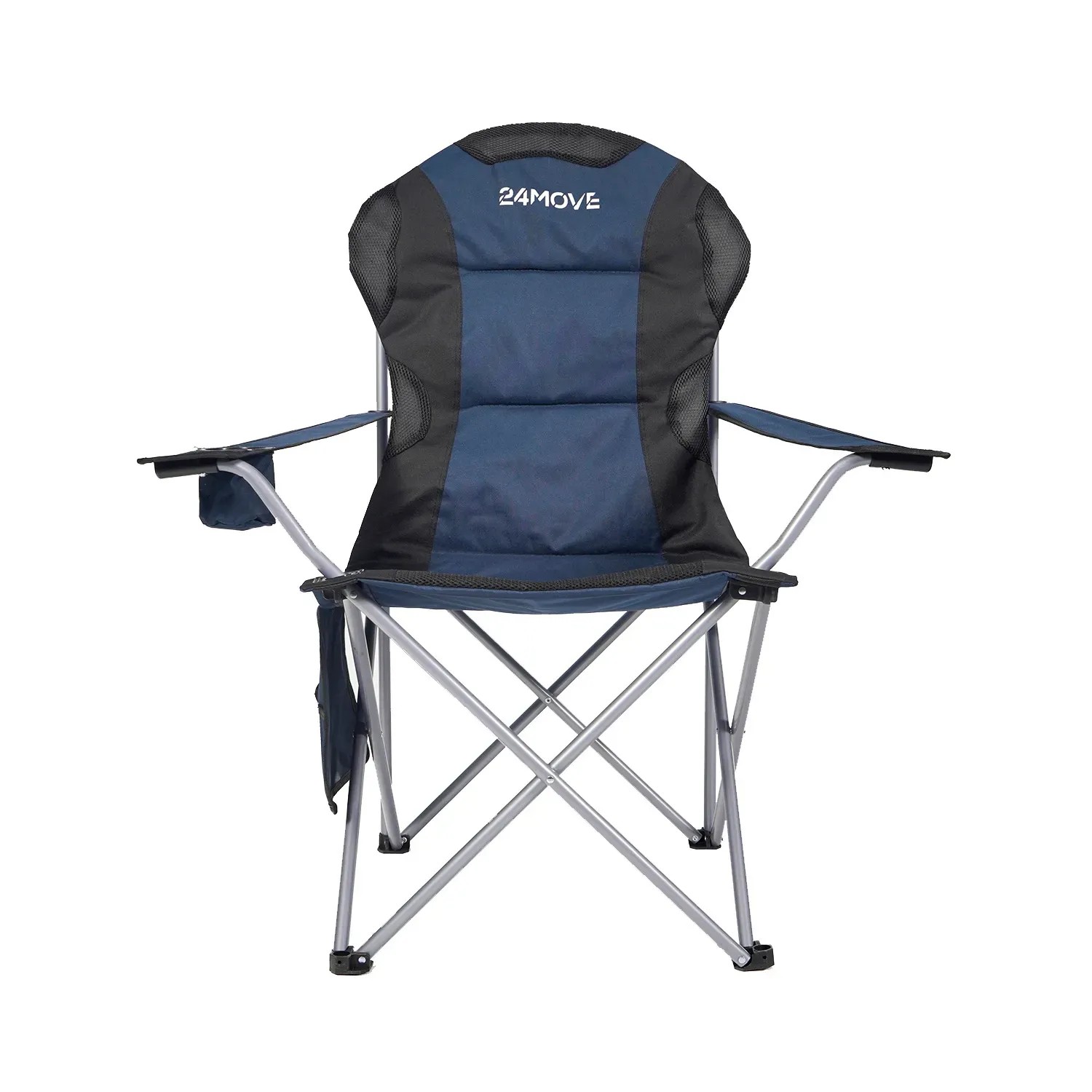 Blauer 24MOVE Campingstuhl, faltbar, gepolstert, mit Tragetasche, bis 150kg belastbar.