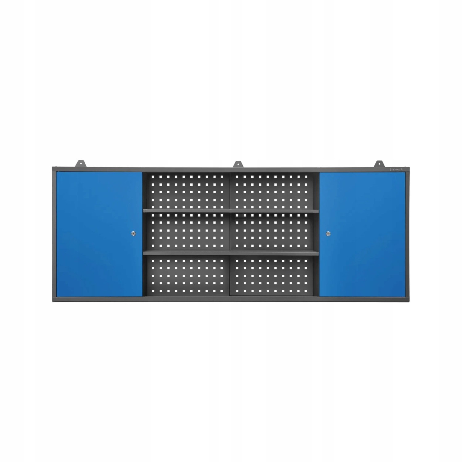 Jan Nowak Werkstattschrank LEO, anthrazit-blau, 60x160x20 cm, mit abschließbaren Fächern und Lochwand.