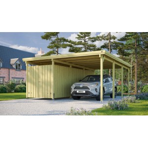 Weka Einzelcarport mit Geräteraum und Auto. Holzkonstruktion mit flachem Dach und PVC-Platten.