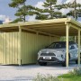 Weka Einzelcarport mit Geräteraum und Auto. Holzkonstruktion mit flachem Dach und PVC-Platten.