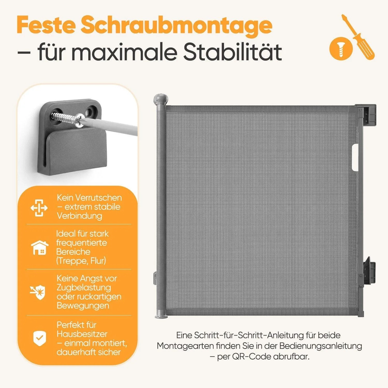 Graues Sekey Treppenschutzgitter mit Schraubmontage, zeigt stabile Befestigung. Ausziehbar, für Kinder & Hunde, innen & außen.