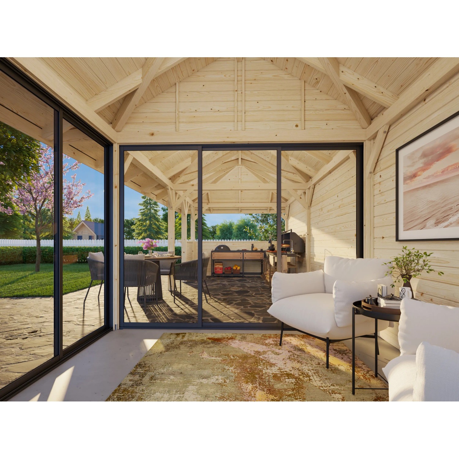 Palmako Pavillon Bianca Set: Weiß lackiertes Weekendhaus mit Schiebetüren und Eck-Tresenanlage.