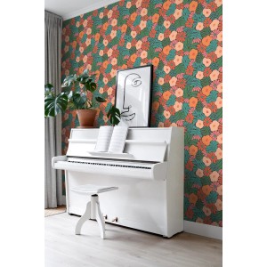 ESTAhome Tapete Blumen im Matisse-Stil Dunkelgrün Orange und Blau 50 x 900 cm