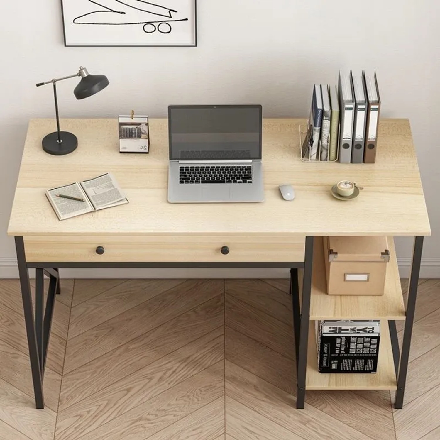 Rebiko Industrieller Loft Computertisch Mit Schublade Und Regalen Helles Skandinavisches Eichenholz_4