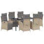 Beige 7-teilige Garten Essgruppe aus Poly Rattan mit Tisch und 6 Stühlen.
