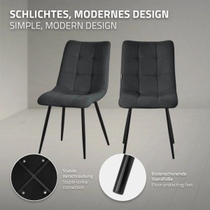 ML-Design Esszimmerstühle anthrazit, Stoffbezug, gepolsterte Rückenlehne, schwarze Metallbeine mit Bodenschonern. Modernes Design.