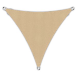 Sandfarbenes Toldoro Sonnensegel Dreieck (5x5x5m) aus HDPE-Gewebe für UV-Schutz im Garten.