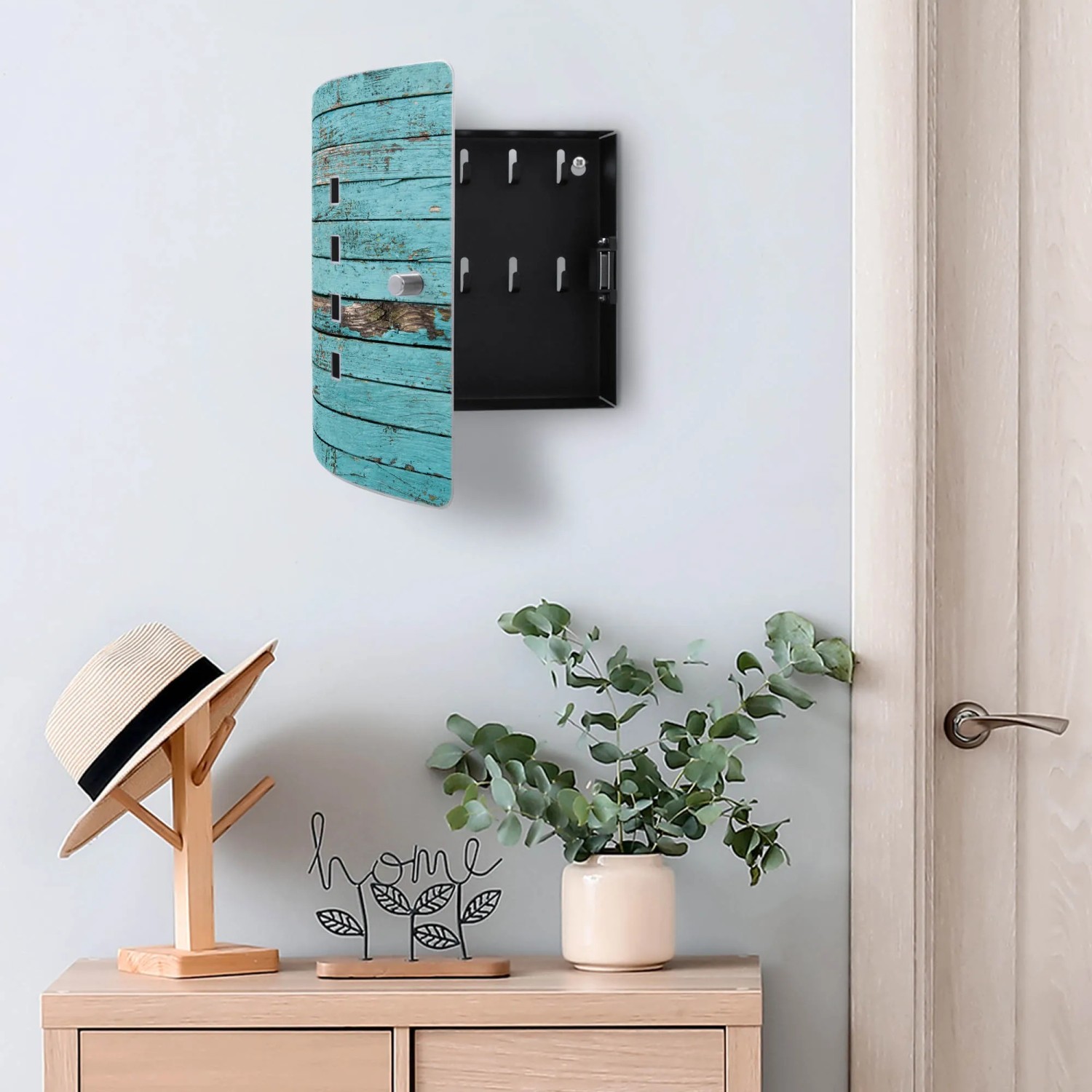 Banjado Schlüsselkasten Edelstahl, Motiv blaue Holzlatten, für 10 Schlüssel. Praktische Garderobenleiste.