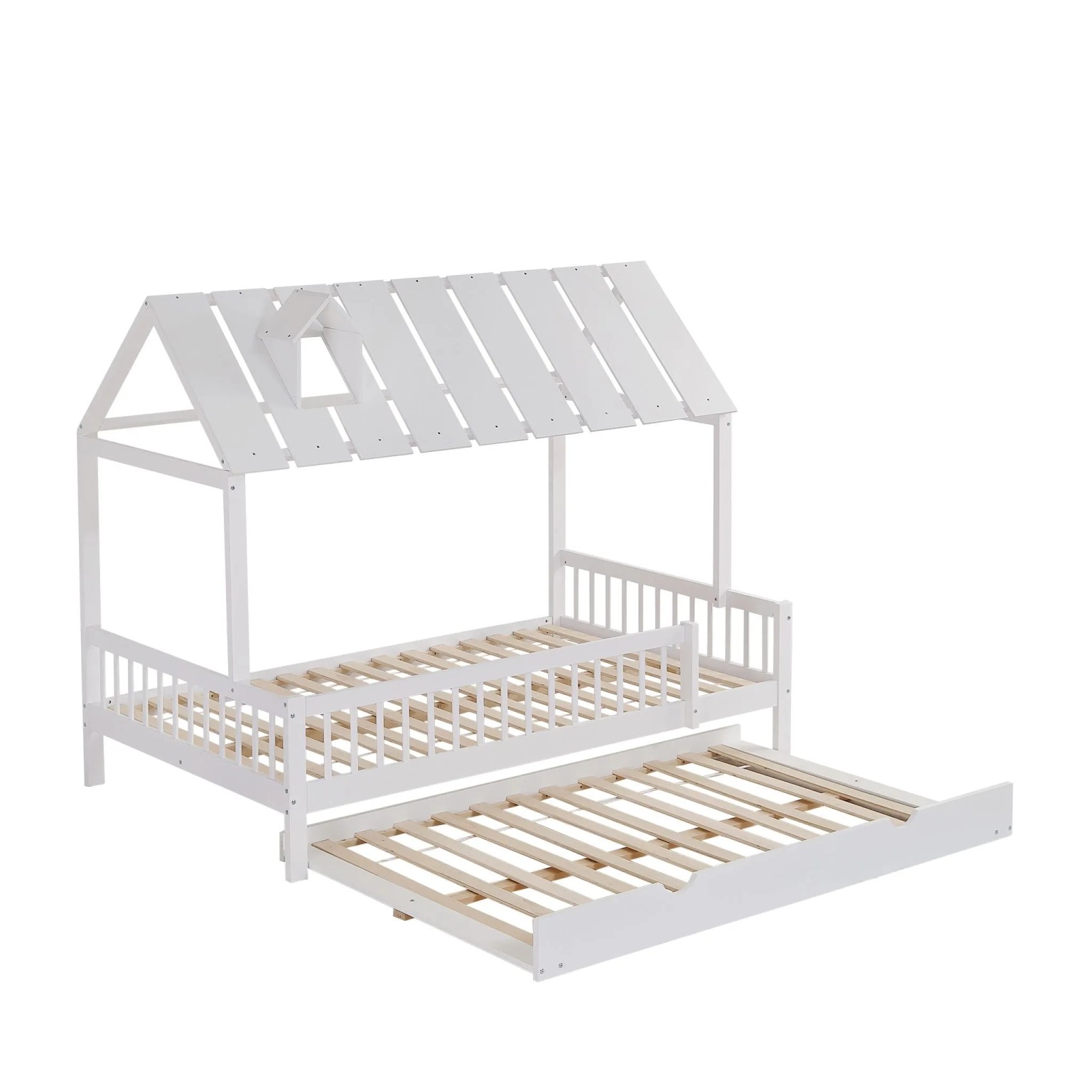 okwish Hausbett 120x200cm mit Rollbett Dach und Schutzgitter Weiß ohne Matratze