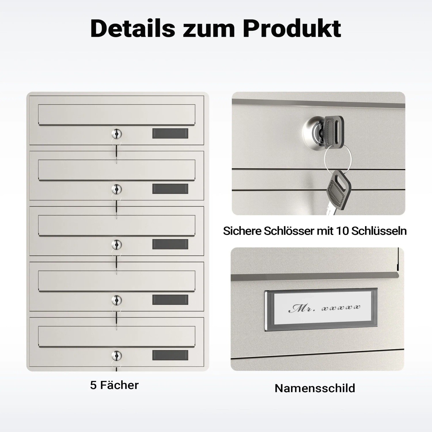 Wiltec 5Er Briefkastenanlage Edelstahl 556X270X1500Mm Standbriefkasten Post_7