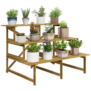 Outsunny Pflanzenregal aus Tannenholz, verkohlt, mit drei Ebenen für Blumen und Pflanzen.