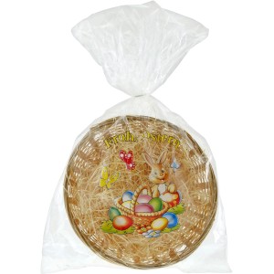 Osterkorb aus Bambus mit Ostergras und Hasenmotiv, Ø 19 cm.