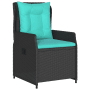 Schwarzer vidaXL Gartenstuhl aus Rattan mit türkisfarbenen Kissen. Teil der 7-tlg. Essgruppe.
