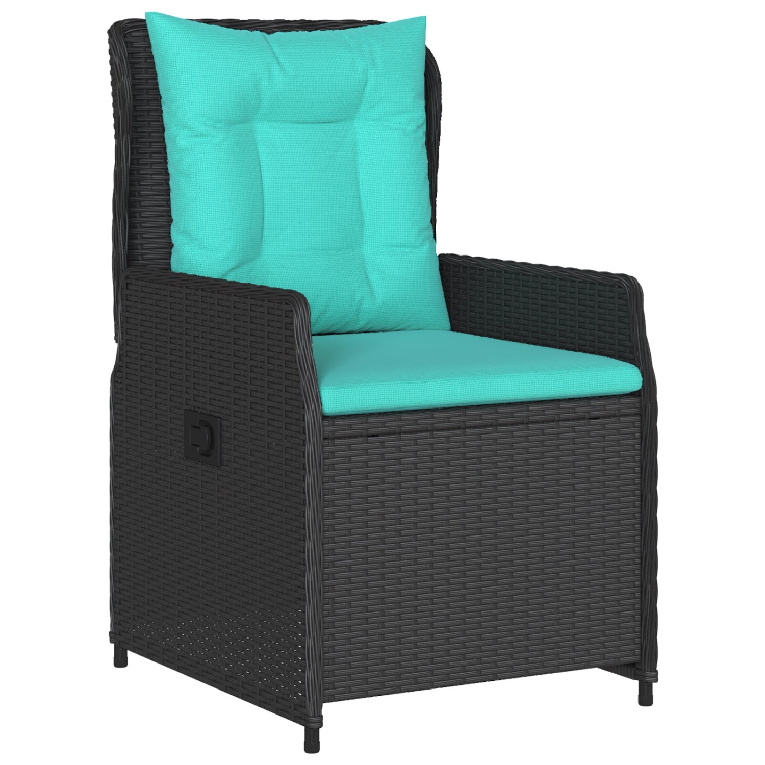 Schwarzer vidaXL Gartenstuhl aus Rattan mit türkisfarbenen Kissen. Teil der 7-tlg. Essgruppe.