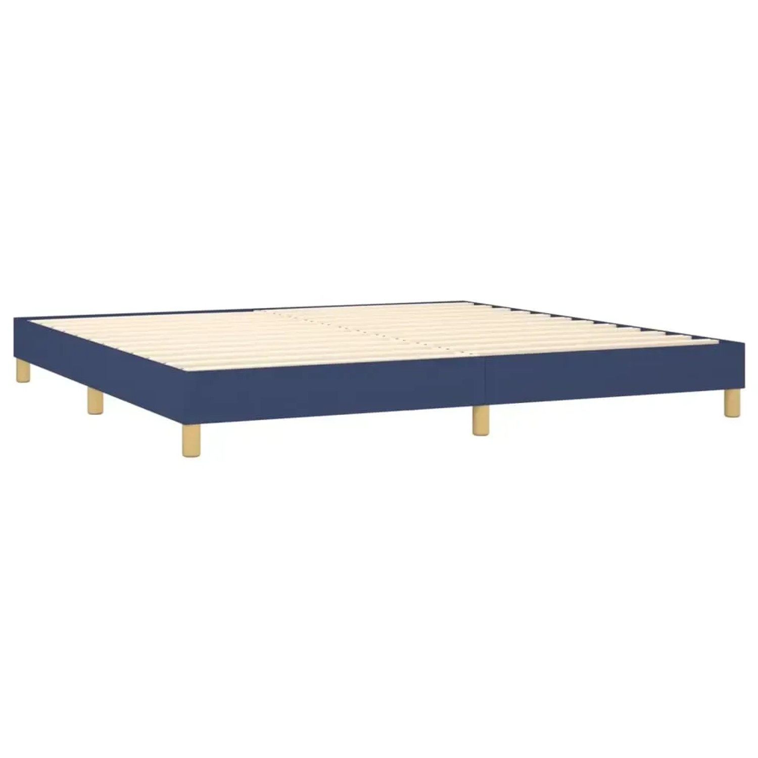 Blaues vidaXL Boxspringbett 200x200 cm mit Holzlattenrost und Füßen.