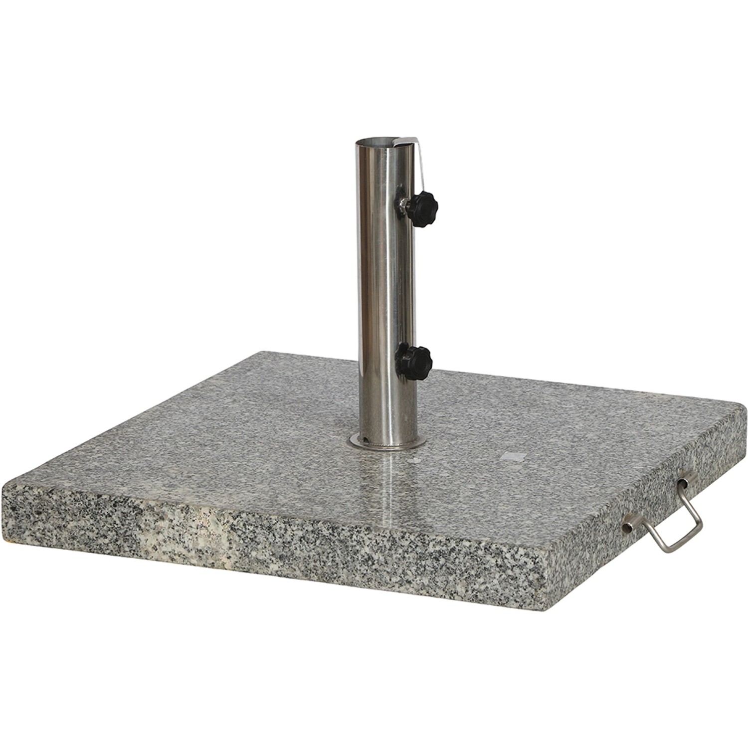 Siena Garden Schirmständer aus grauem Granit mit Edelstahlrohr und Fixierschrauben.