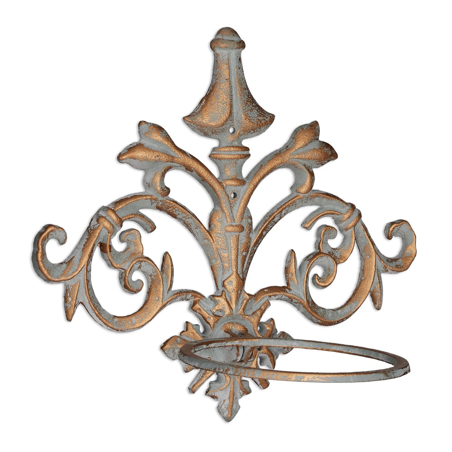 Relaxdays Wandblumenhalter Barock Gusseisen Grau Gold Vorgebohrt 27,5 cm x 30 cm x 19 cm 1,1 kg
