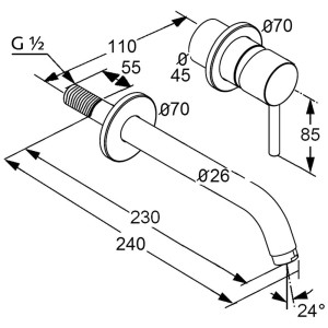 Technische Zeichnung: Kludi BOZZ Unterputz Waschtischarmatur, Wandmontage, Ausladung 23cm, Mattschwarz.