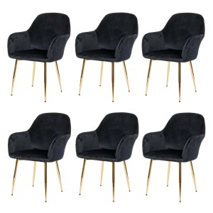 6er-Set: Schwarze Samt Polsterstühle mit goldenen Beinen für Esszimmer.