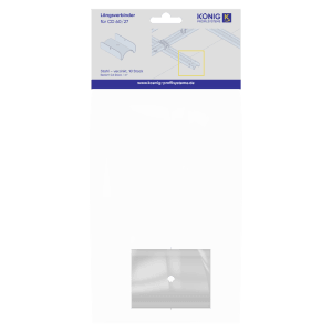 König Längsverbinder für CD-Profile, 10 Stück. Verpackung mit Verbinder und Anwendungsbeispiel für abgehängte Decken.