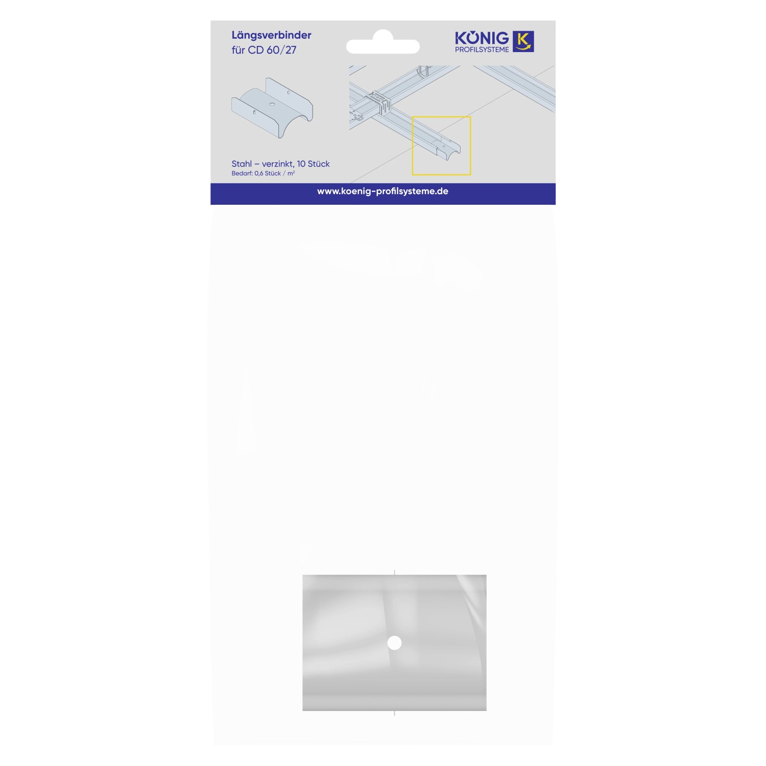König Längsverbinder für CD-Profile, 10 Stück. Verpackung mit Verbinder und Anwendungsbeispiel für abgehängte Decken.