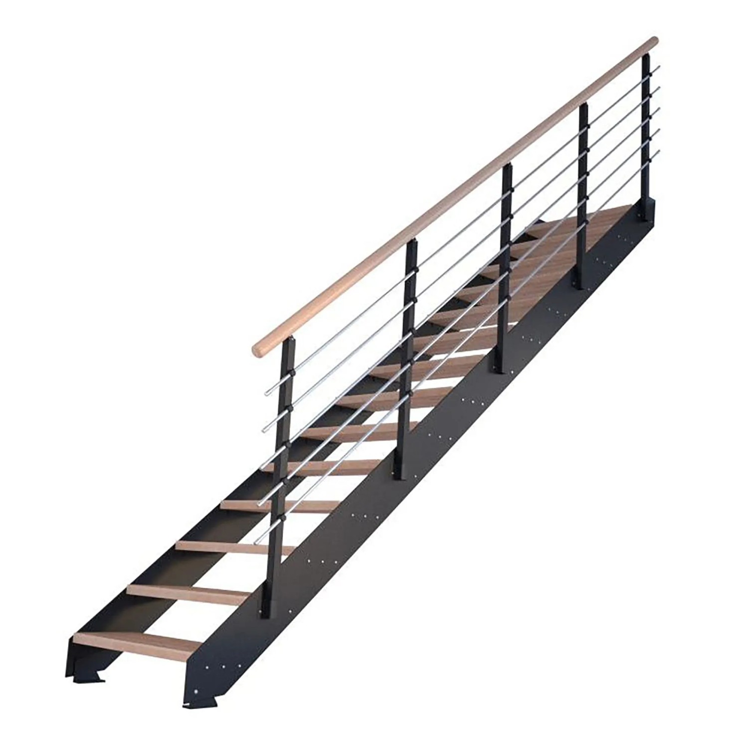 Treppe Kos mit 15 Stufen aus geölter Buche und schwarzem Metallgeländer.