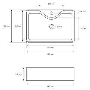 Technische Zeichnung: ECD Germany Design Handwaschbecken, 480x380x140mm, mit Ablaufgarnitur. Maße und Details.