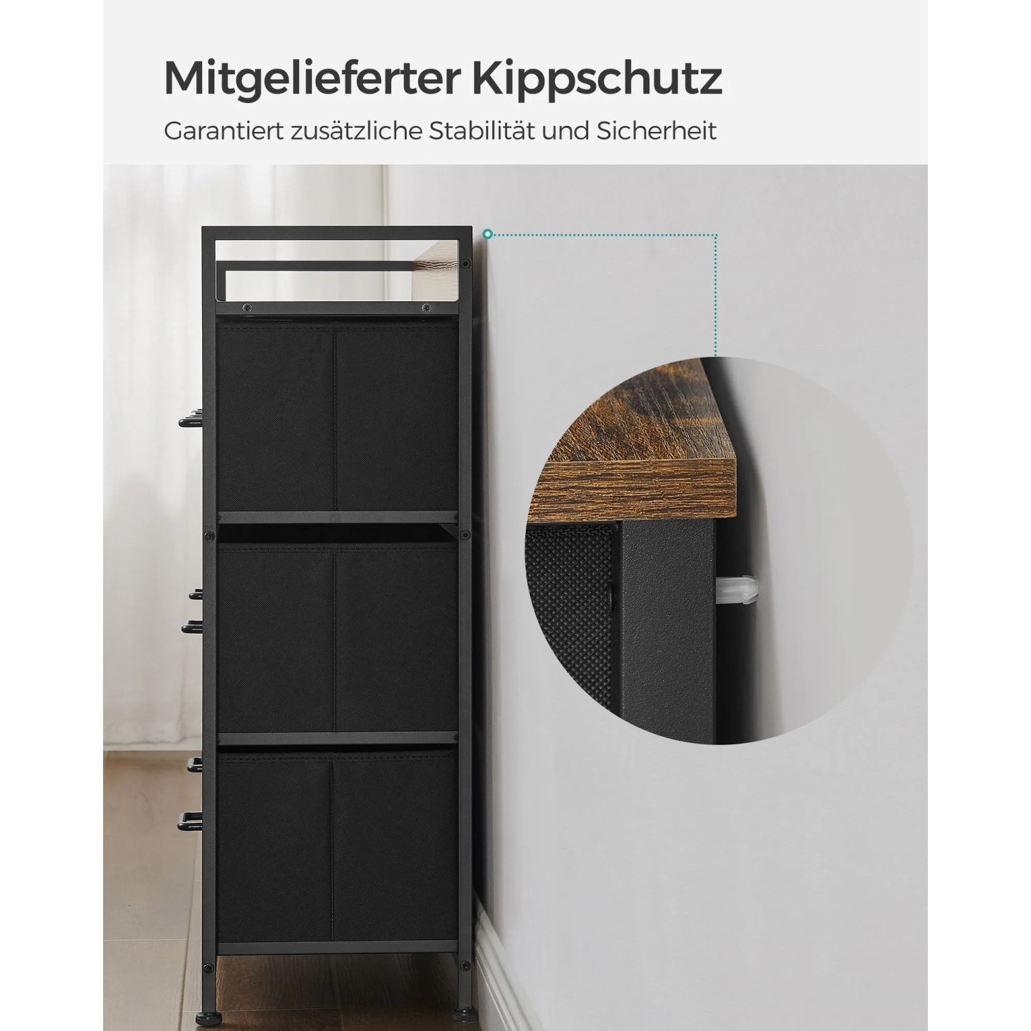 Songmics Kommode mit 7 Stoffschubladen in Braun-Schwarz, Detailaufnahme Kippschutz.