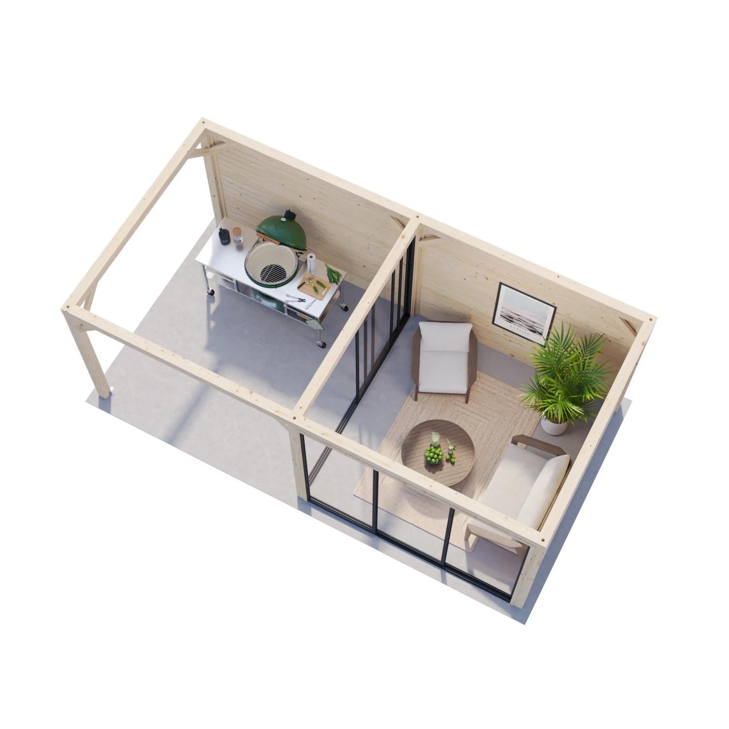 Palmako Pavillon Bianca Set 205, 588x300cm, weiß lackiert, mit Schiebetüren und Grillplatz. Weekendhaus aus Holz.
