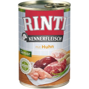 Rinti Kennerfleisch Senior Hundenassfutter Huhn, Dose mit Fleischstücken für ältere Hunde.