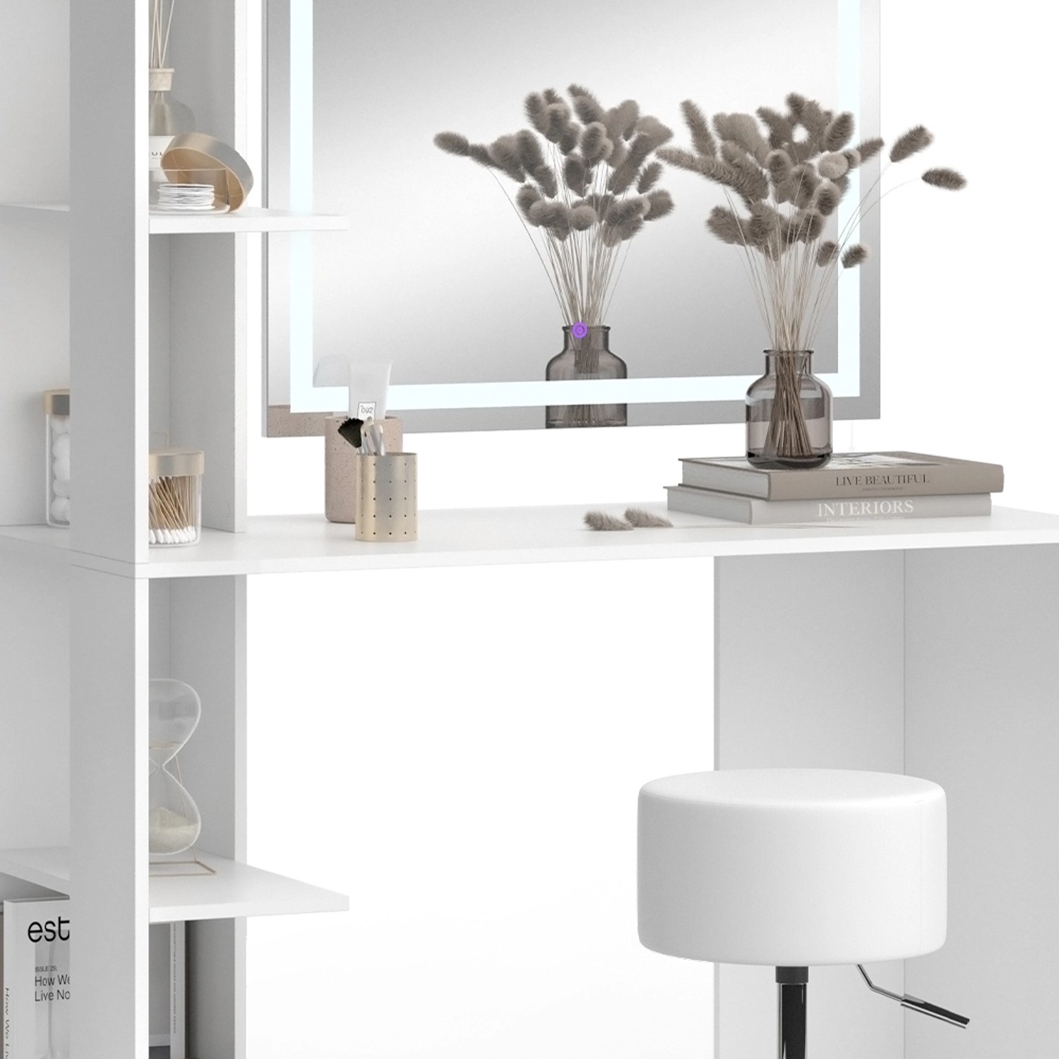 Vicco Schminktisch Tower Weiß mit LED-Spiegel und Hocker. Frisiertisch mit Stauraum.