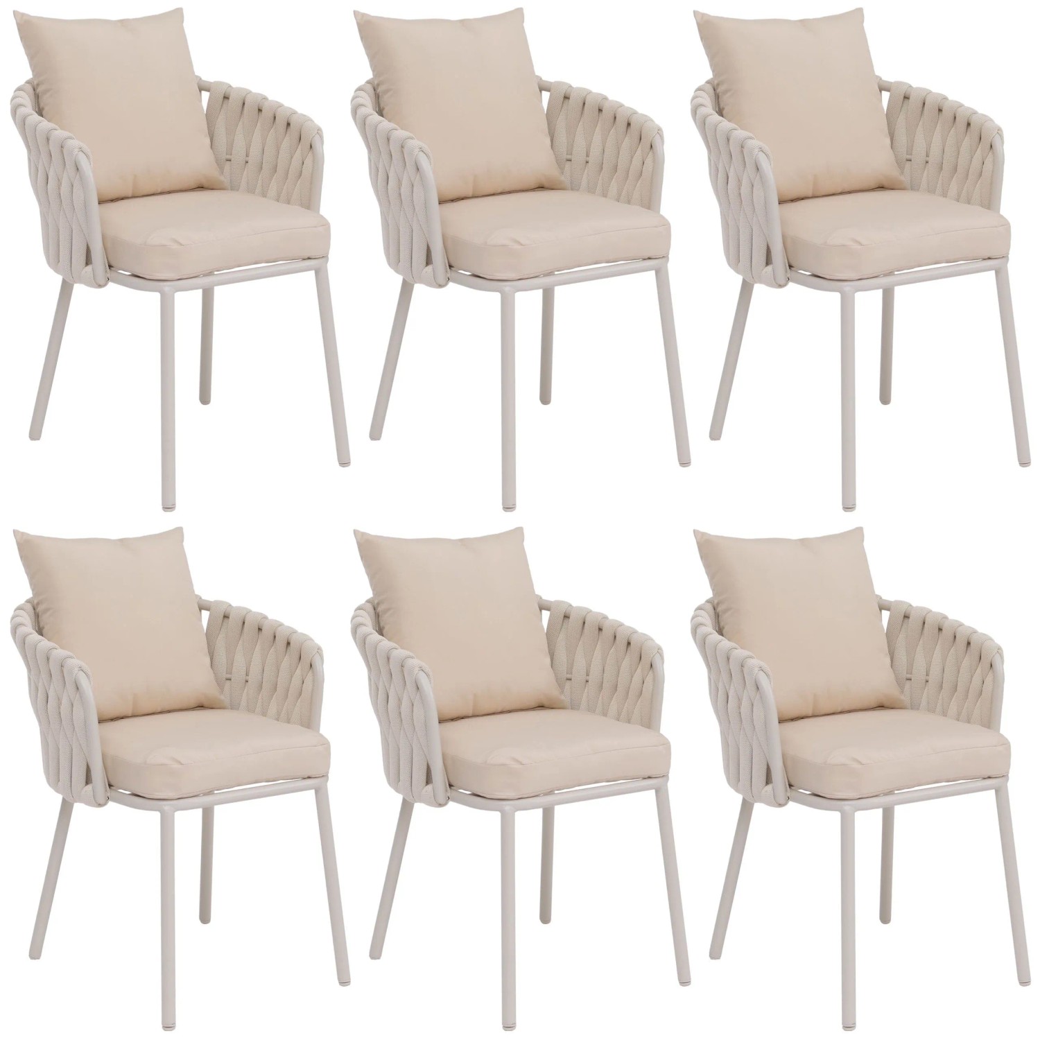 MCW 6er-Set Aluminium-Esszimmerstuhl P89 Seilgeflecht Rope Creme