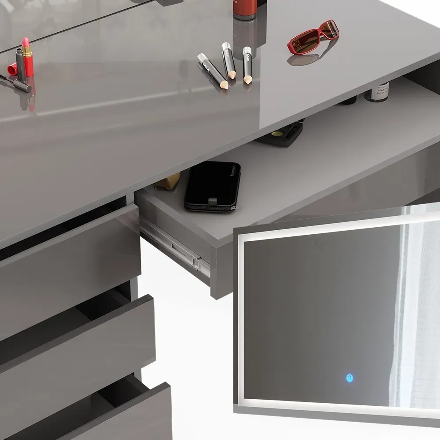 Grauer Vicco Schminktisch Sherry 120 cm mit LED-Spiegel, Hocker und Schubladen.