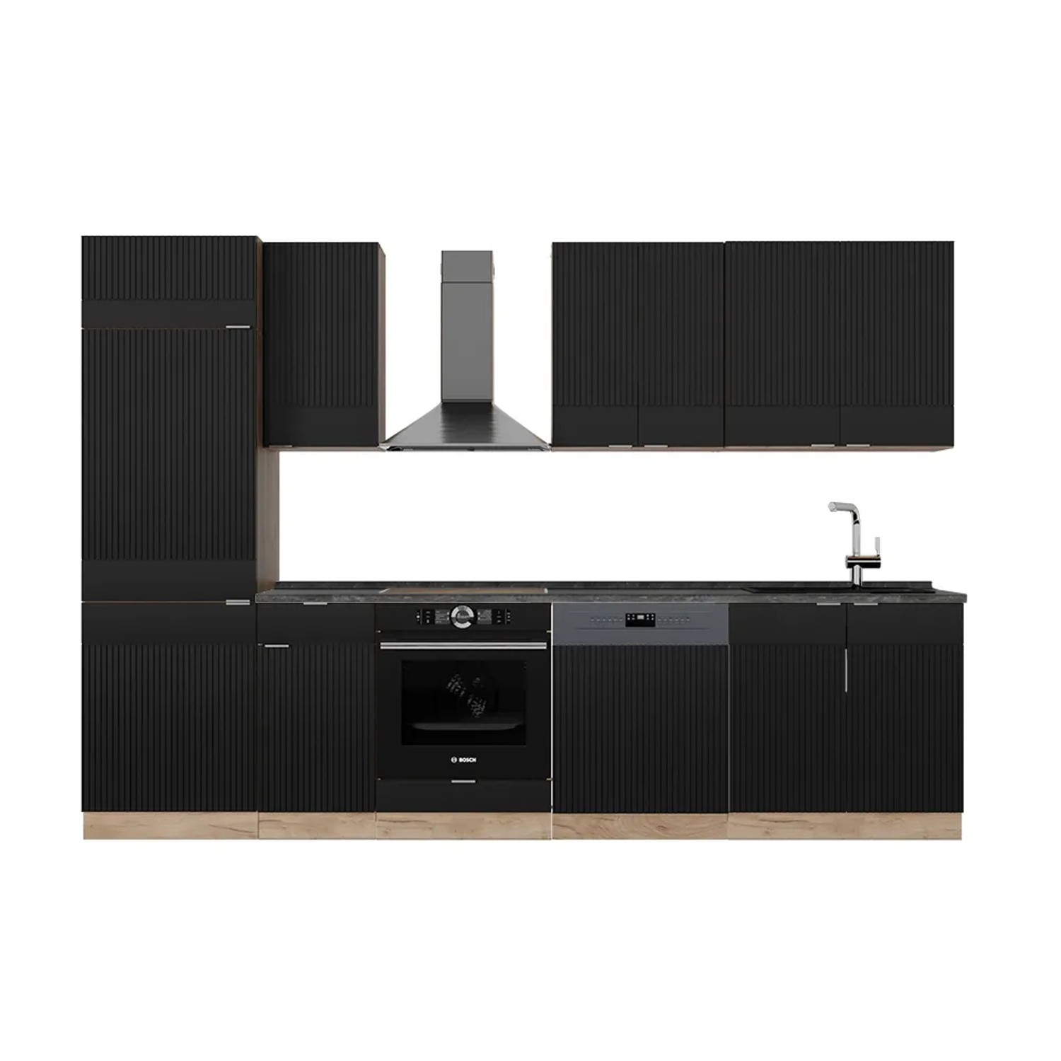 Vicco Fame-Line Küchenzeile Schwarz gestreift/Goldkraft Eiche 300 cm AP Anthrazit ohne E-Geräte