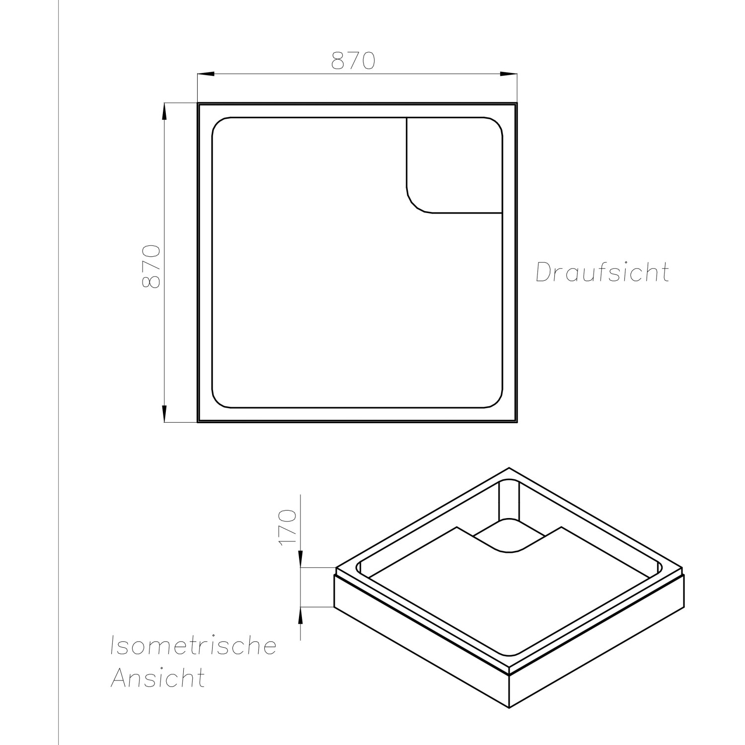 Technische Zeichnung Ottofond Wannenträger Samos für 90x90 cm Duschwanne.