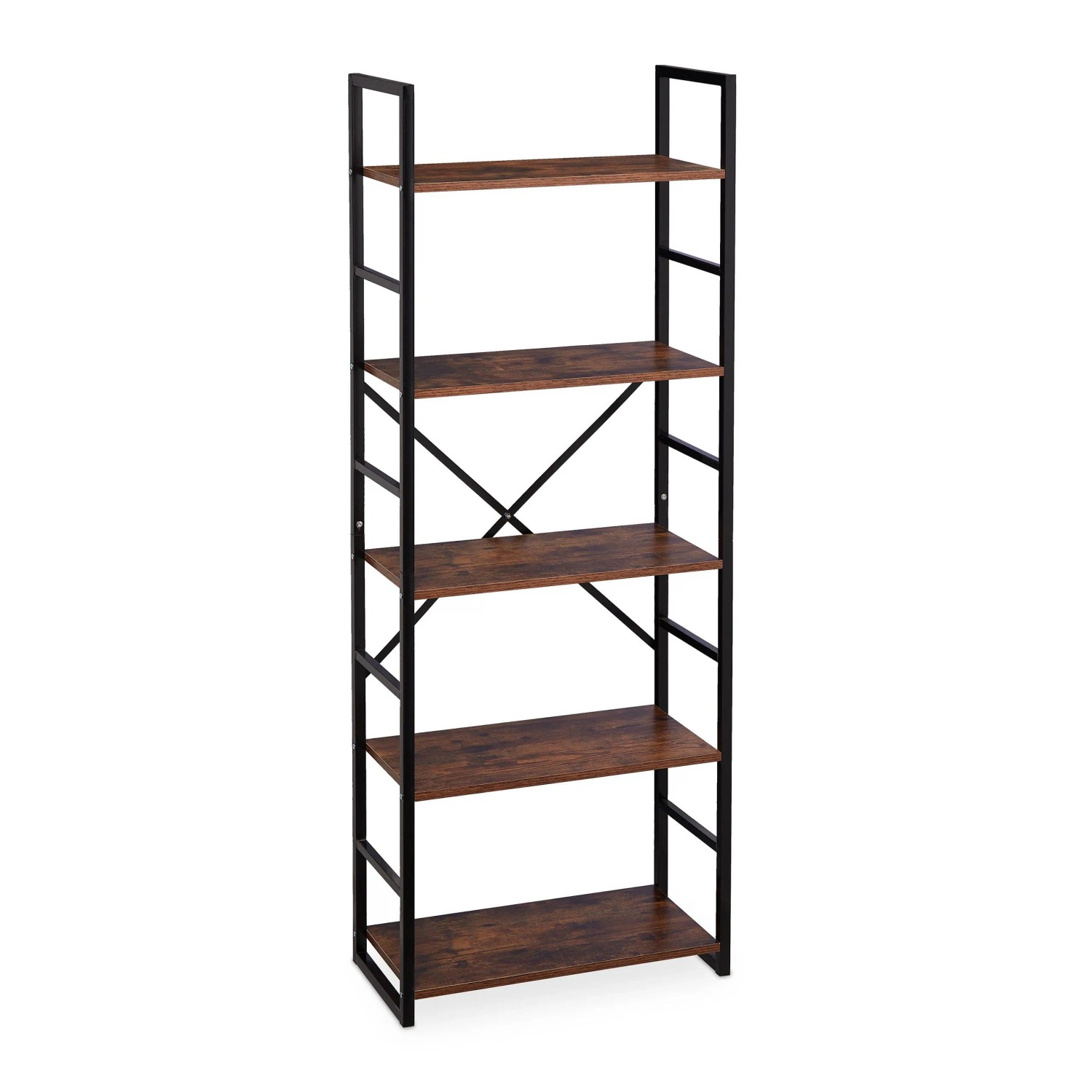 Relaxdays Bücherregal MDF Eisen Braun Schwarz 5 Ebenen 158,5 cm x 60 cm x 30 cm
