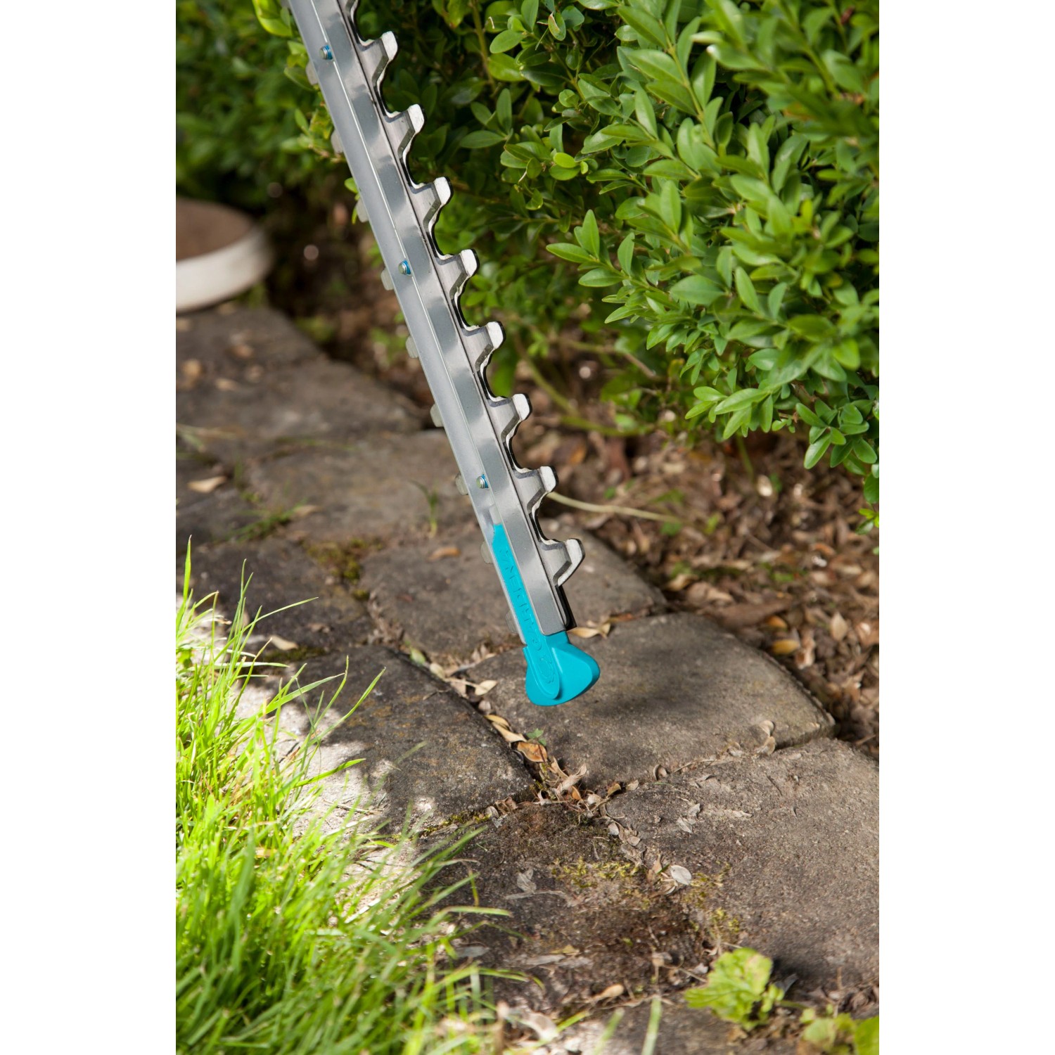 Gardena EasyCut 420/45 Elektro-Heckenschere im Einsatz, Messer im Detail.