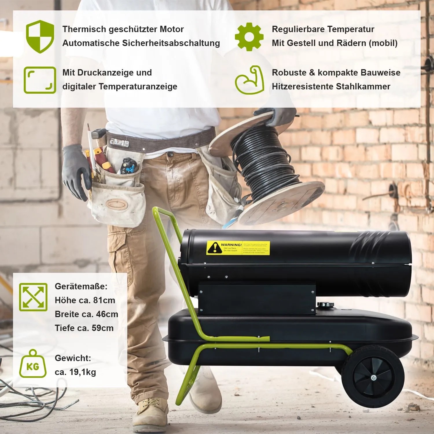 Tronitechnik Diesel Heizkanone 30kW mit Rädern und Tragegriff, ideal für Baustellen.