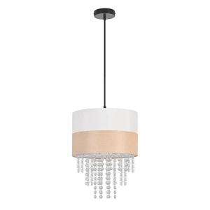 Vintage Pendelleuchte mit weiß-beigem Stoffschirm und funkelnden Kristallbehängen. Höhenverstellbare E27 Esstischlampe.