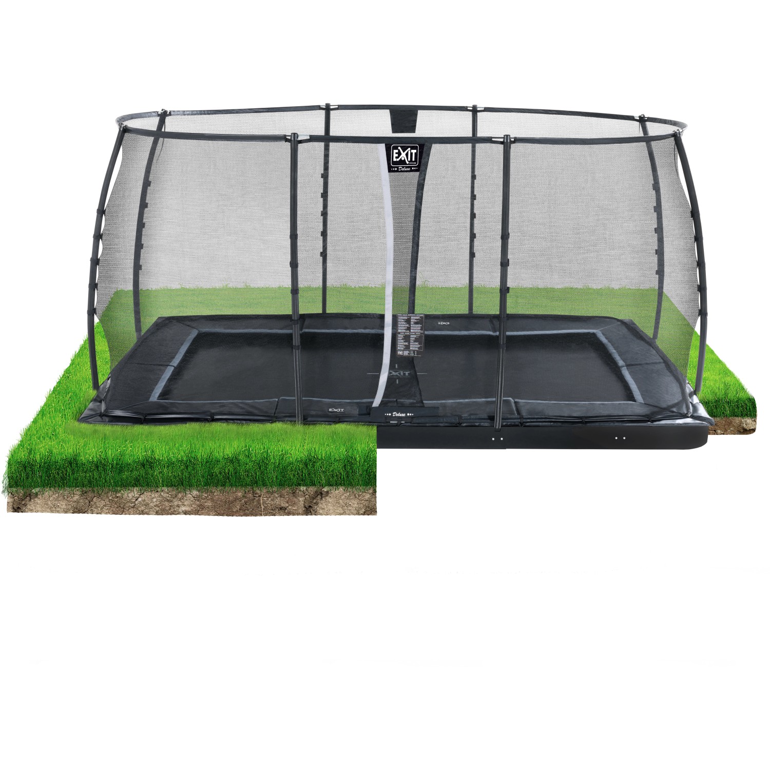 EXIT Dynamic Ebenerdiges Trampolin 244 cm x 427 cm mit Sicherheitsnetz Schwarz