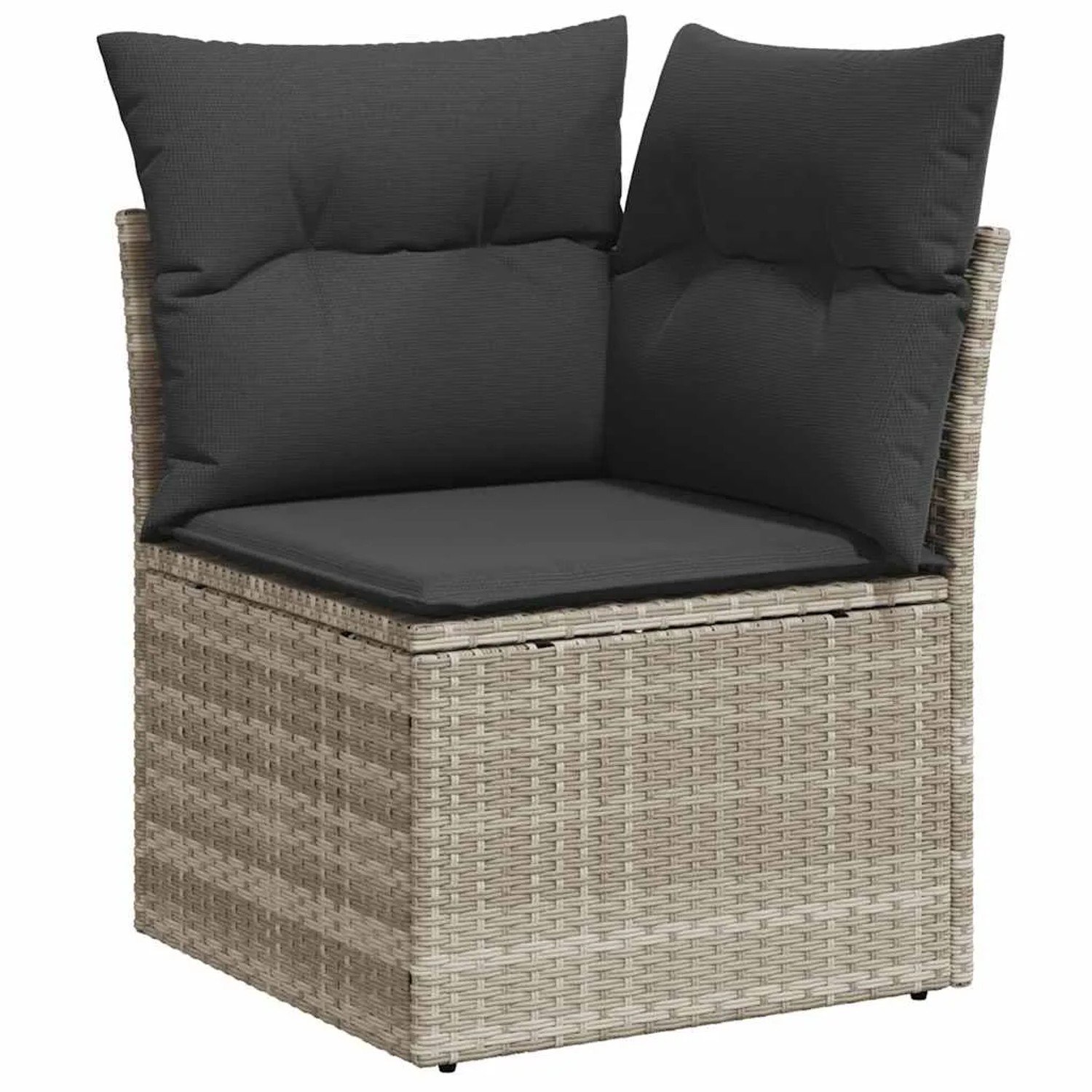 Hellgraues Ecksofa aus Rattan mit dunklen Kissen, Teil der vidaXL Garten-Sofagarnitur.