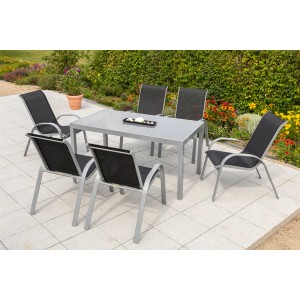 7-teiliges Gartenmöbel-Set Amalfi in Schwarz mit Tisch und stapelbaren Sesseln.