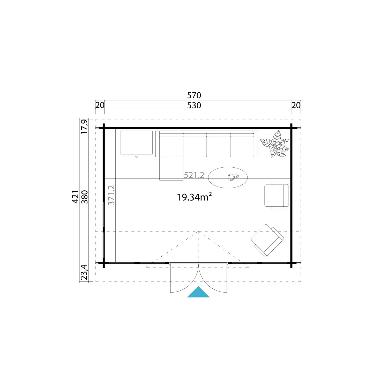 Grundriss Gartenhaus Lasita Maja Balmoral, 530x380 cm, mit Maßen und Einrichtungsskizze.