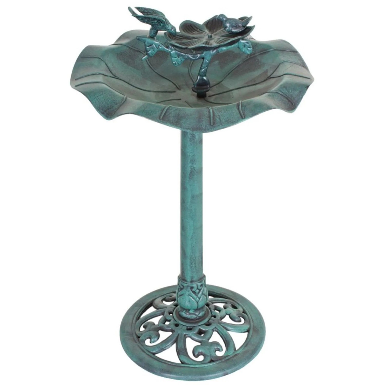 DELUKE Vogeltränke SUSI, patina-grün, 82cm hoch, mit Vogel-Dekoration für Garten und Terrasse.