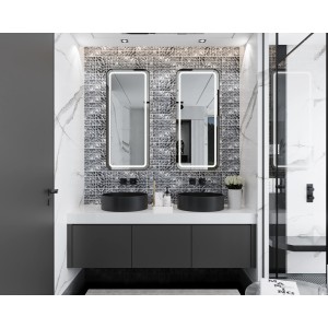 Badezimmer mit grauer Mosaikmatte Ebru M-Size aus Glas an der Wand hinter dem Waschtisch.