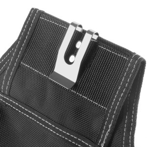Detailaufnahme: Schwarzer STAHLWERK Werkzeuggürtel aus Polyester mit Metallclip.