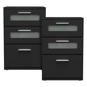 ML-Design Nachttisch 2er Set, schwarze Nachtkommoden mit 3 Schubladen und satiniertem Glaseinsatz.