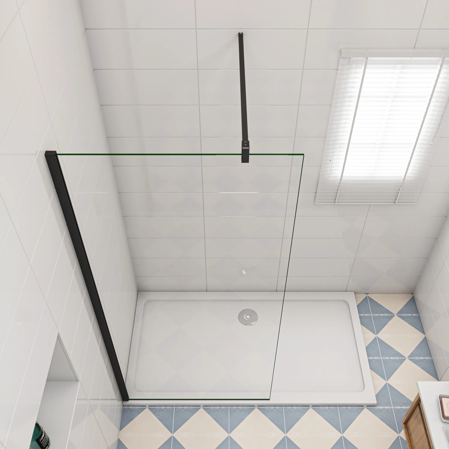 AICA Walk In Duschkabine mit schwarzem Rahmen, 60x200cm, 10mm ESG Glas.
