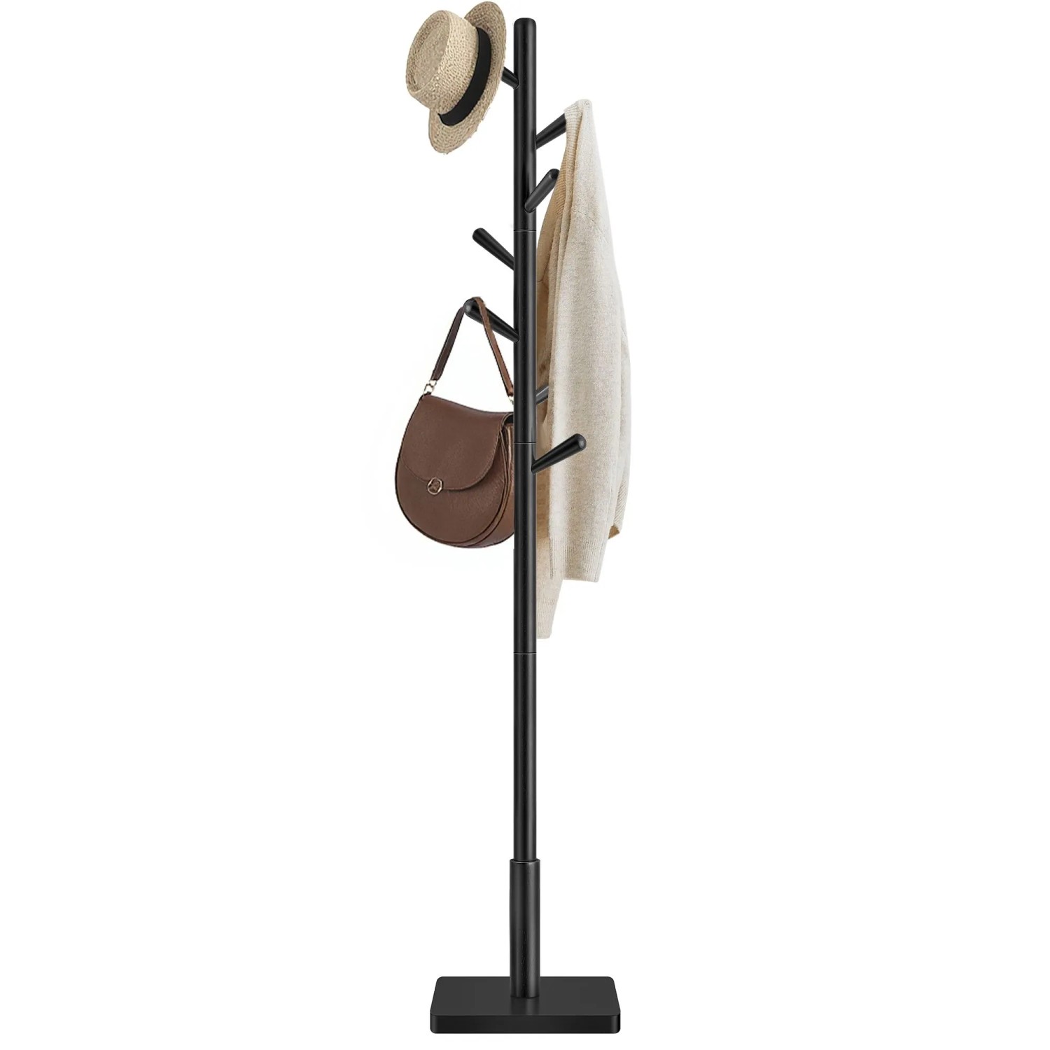 Schwarzer Songmics Kleiderständer Andi mit 8 Haken und Hut, Tasche und Jacke.
