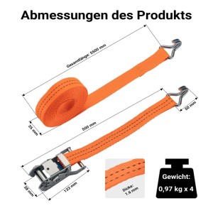 XPOtool Spanngurte, 4er Set, orange, mit Ratsche und Haken, Maße dargestellt.